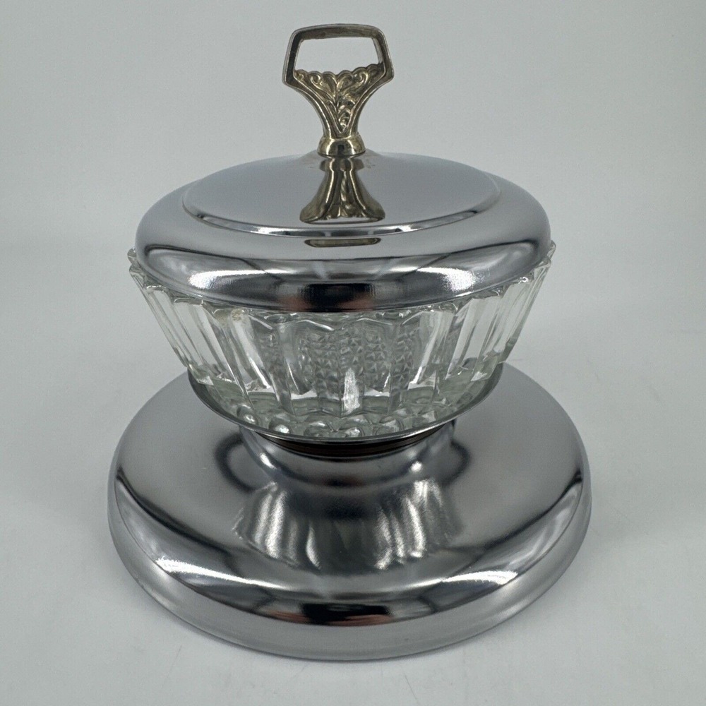 Vintage Kromex Buffeteria Lazy Susan Center‎ Bowl Clear Glass & Lid Chrome